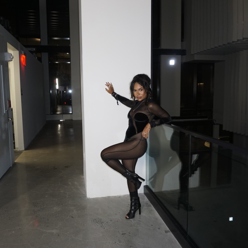 LaQuan Smith Mesh Velvet Catsuit